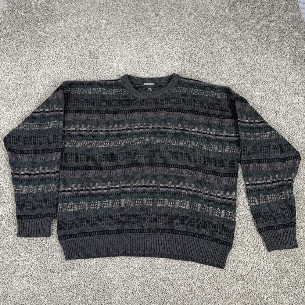 Vintage Jantzen Sweater Mens XL Green Gray Geometric Pattern Knit Pullover 90s